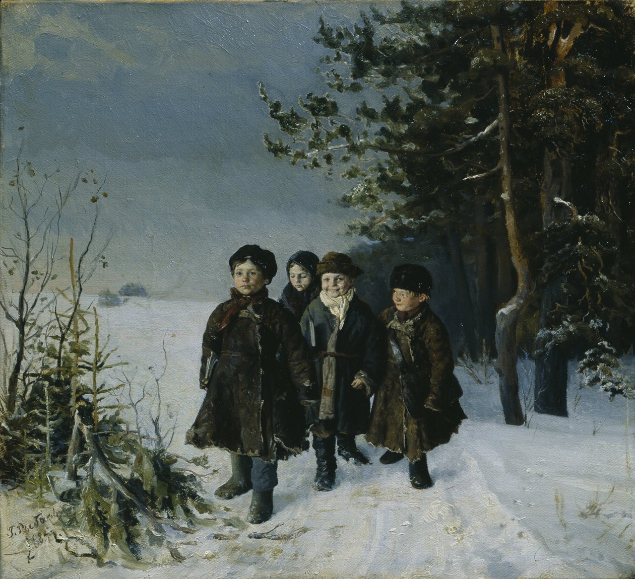 Tilbake fra skolen, 1884 av Gavriil Fyodorovich Rybakov
