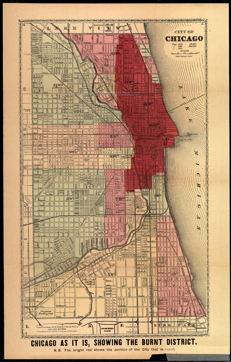 Chicago As It Is, Showing the Burnt District, fra History of the Great Fires in Chicago and the West av Edgar Johnson Goodspeed, utgitt Chicago, 1871 (håndfarget lito) av Gaylord Watson