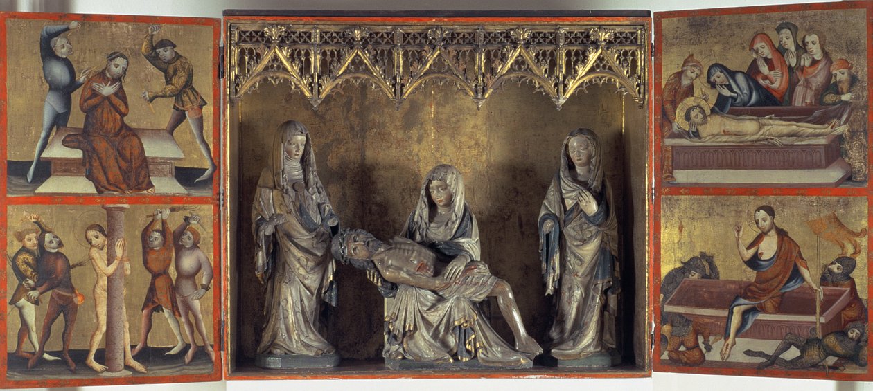 Altertavle som viser klagesangen og Kristi lidenskap (alteret i St. Elizabeth Thüringen) ca. 1410 (tempera på panel og kalkstein) av Gdansk School
