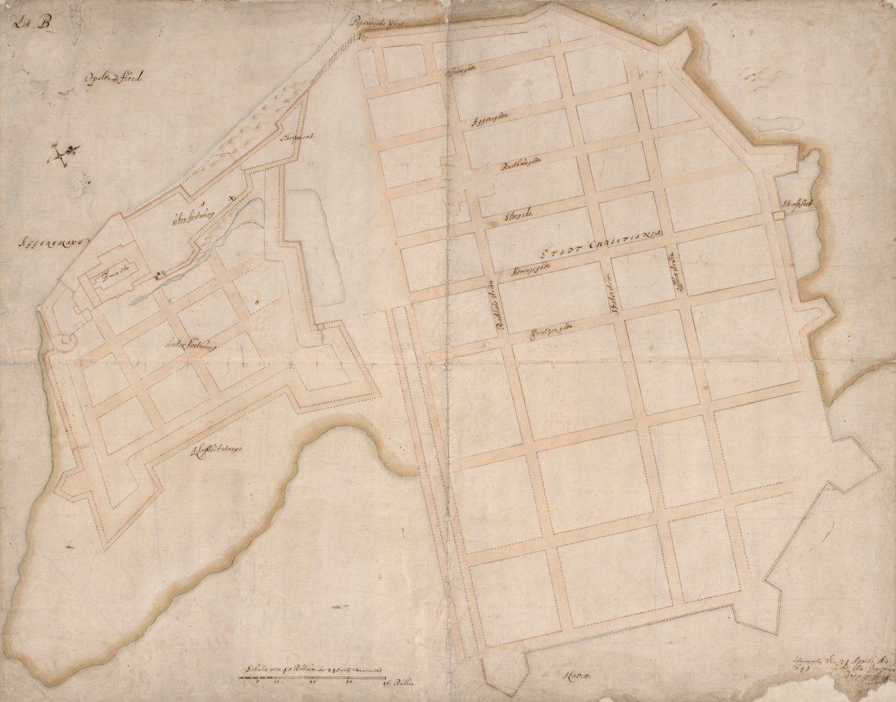 Grunnleggende tegning av Christiania og Aggershuus av Isaac van Geelkerck