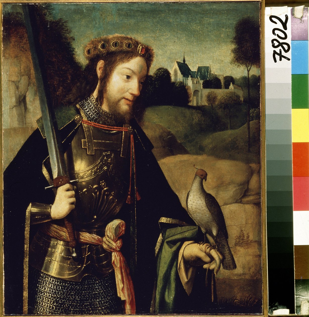 ""Representasjon av Saint Bavo of Ghent"" (Saint Bavo) maleri av Geertgen tot Sint Jans (eller Gerard de Saint-Jean (Saint Jean), Gerrit van Haarlem) (rundt 1465-rundt 1495) Slutten av 1400-tallet Søn. 36,5 x 30 cm Eremitagemuseet, St. Petersburg av Geertgen Tot sint Jans