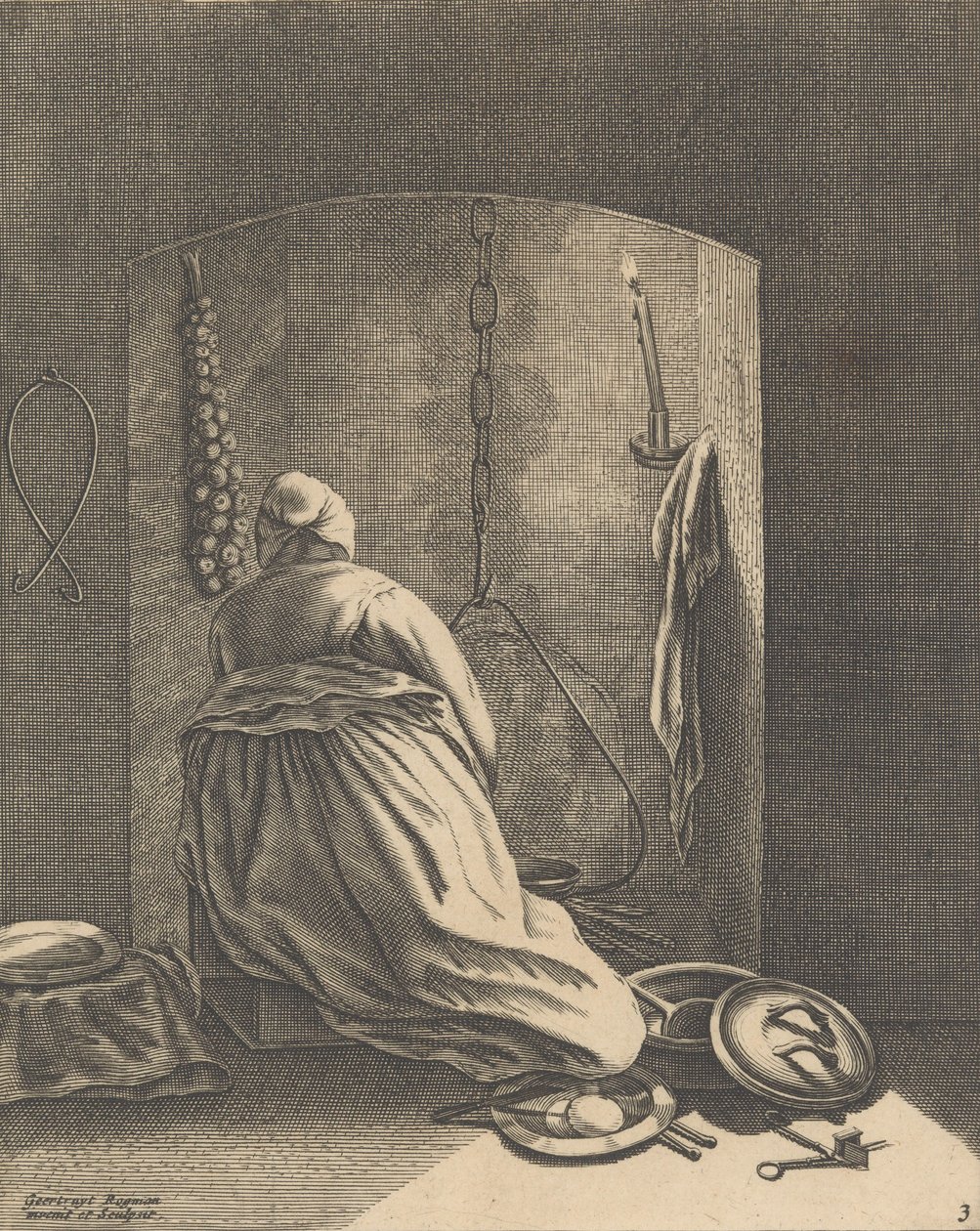 A Woman Cooking, plate 3 fra Five Feminine Occupations, ca. 1640-57., ca. 1640-57. av Geertruydt Roghman