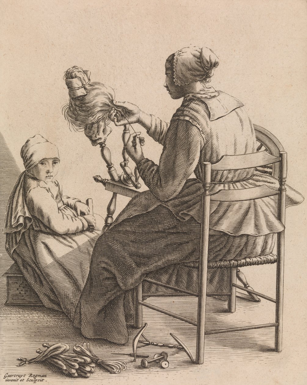 A Woman Spinning, tallerken 4 fra fem feminine yrker, ca. 1640-57. av Geertruydt Roghman