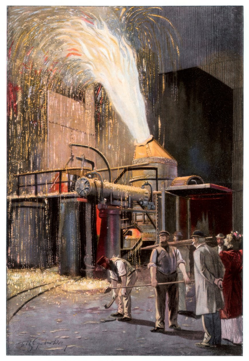 Avkarbonisering av råjern i en Bessemer-omformer, 1900. av Gehrke