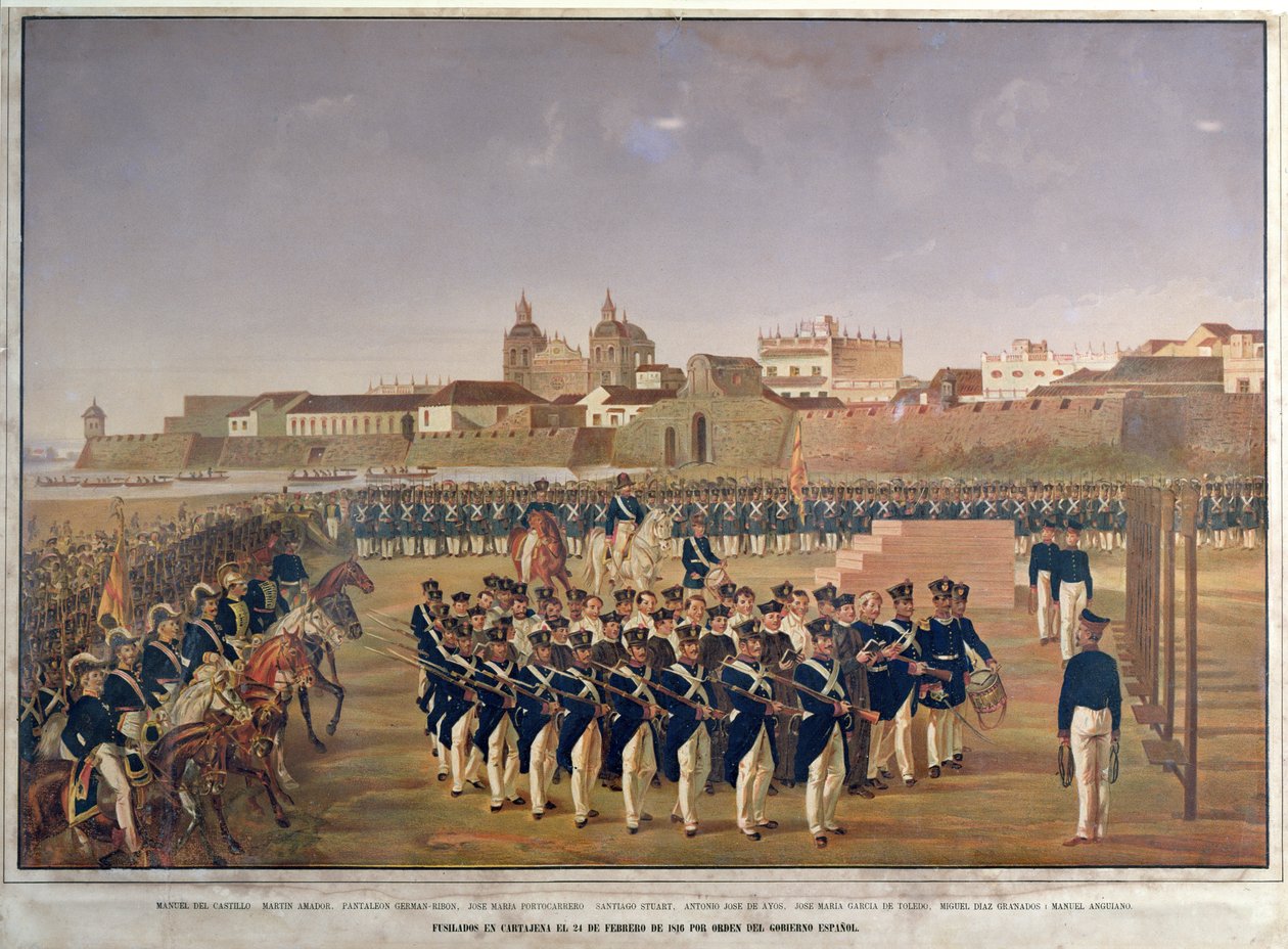 Skytingen av Pantaleon German de Ribon og hans 8 følgesvenner i Cartagena 24. februar 1816 (fargegravering) av Generoso Jaspe