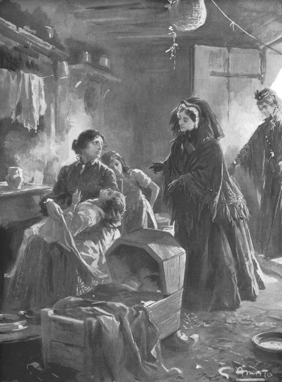 'Dronning Victoria og de fattige: Hennes Majestet på besøk i et hyttehjem', 1901. av Gennaro Amato
