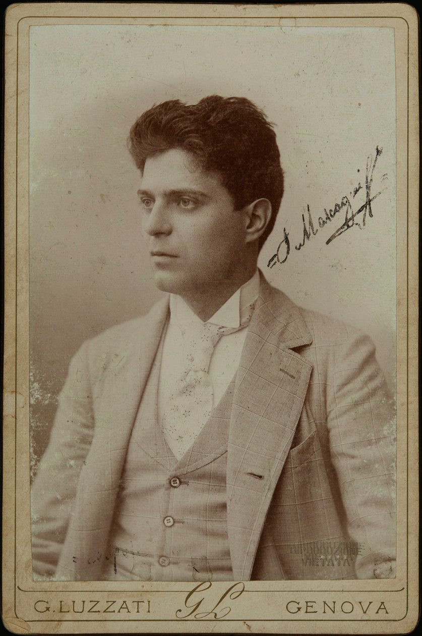 Portrett av komponisten Pietro Mascagni 1863-1945, ca. 1890. av Genova . Photo studio Luzzati