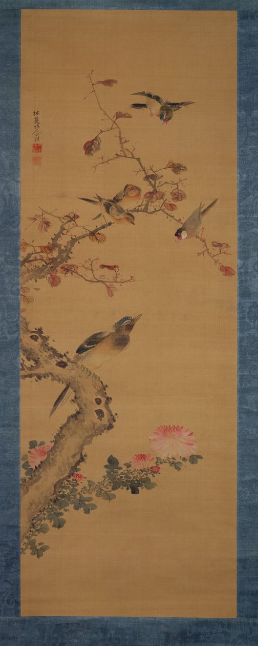Fugler, blomster og trær, ca. 1800-22 (blekk og farger på silke) av Gentai Sanjin
