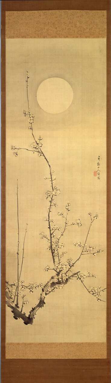 Blomstrende plommetre mot fullmåne, ca. 1800-22 (blekk på silke) av Gentai Sanjin