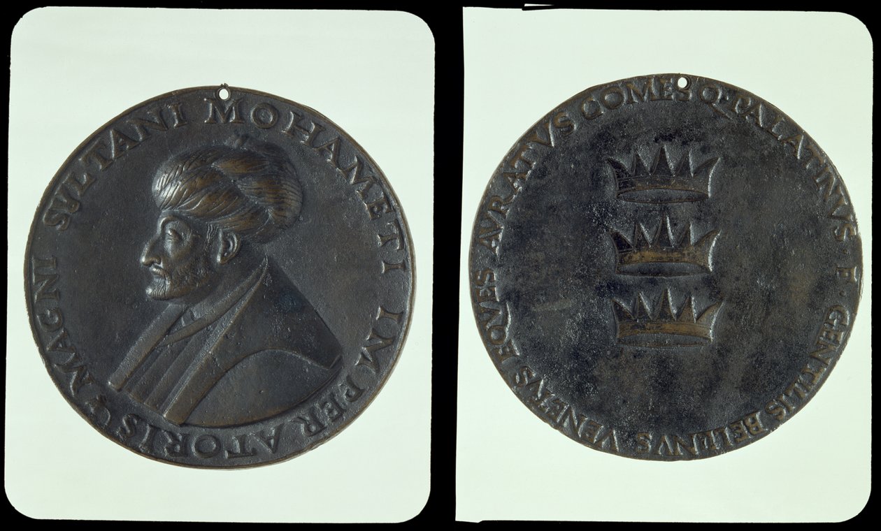 Portrettmedalje, forside som viser Sultan Mehmed II (1432-81) bakside som viser tre kroner (bronse) av Gentile Bellini