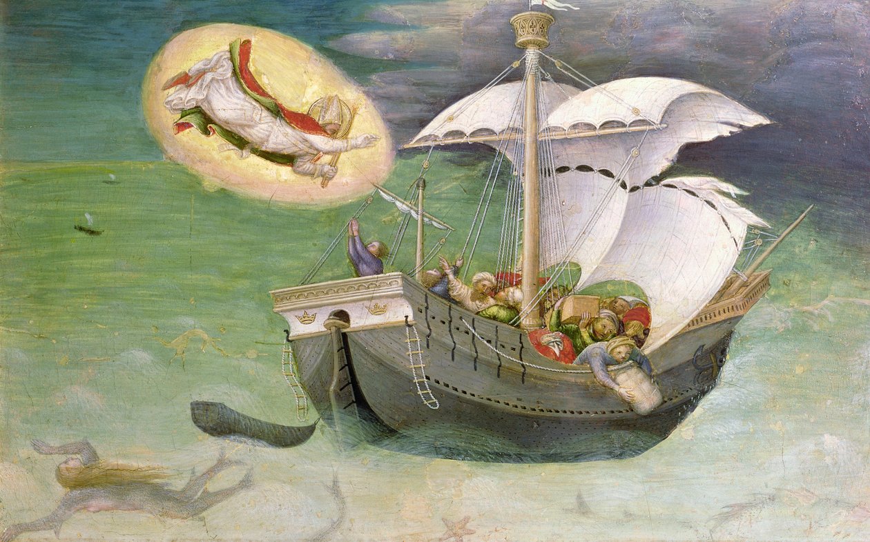 St. Nicholas Saves a Ship from Wreckage, predella-panel fra Quaratesi-altertavlen, 1425 (tempera på panel) av Gentile da Fabriano