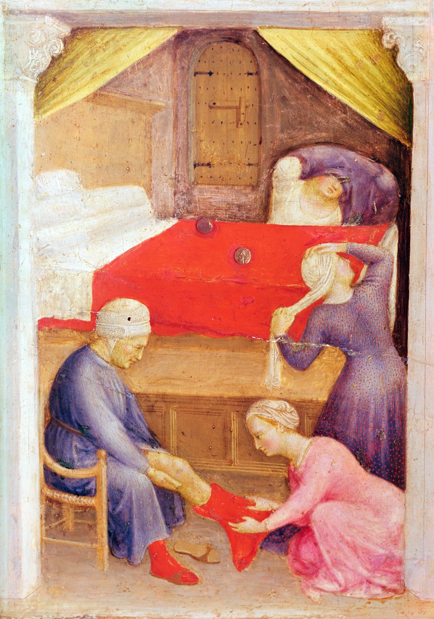St. Nicholas and the Three Poor Maidens, detalj fra predella-panelet til Quaratesi-altertavlen, 1425 (tempera på panel) av Gentile da Fabriano
