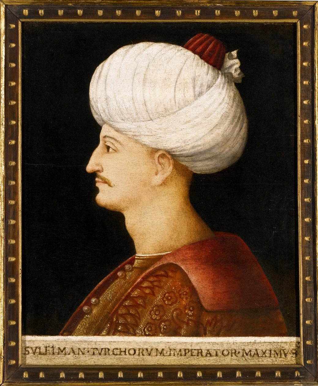 Portrett av Suleiman (Suleyman) I den storslåtte (1494-1566), osmansk sultan"" Anonymt maleri - Sultan Suleiman I den storslåtte av Bellini, hedning av Gentile (school of) Bellini