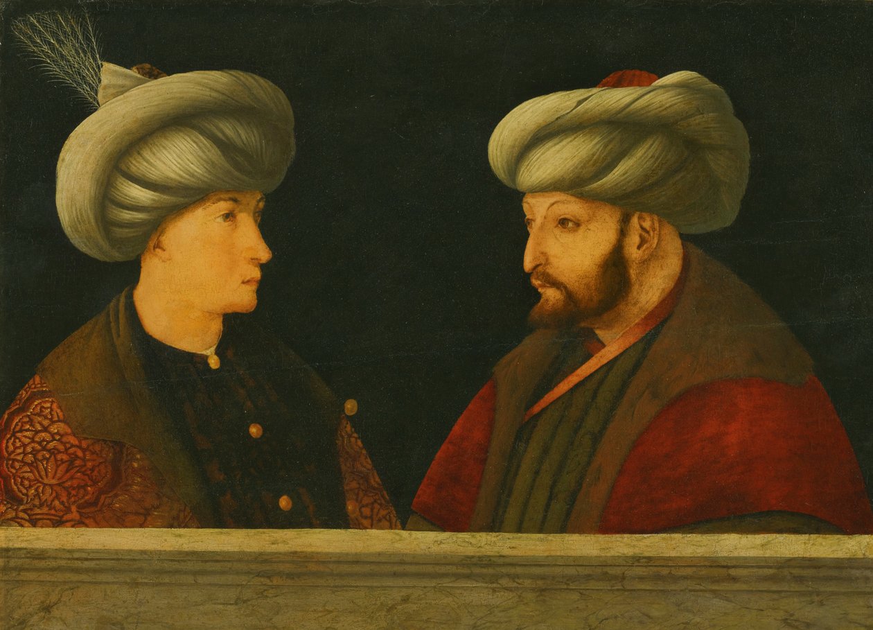 Portrett av Sultan Mehmed II (1432-81) med en ung dignitær (olje på tre) av Gentile (school of) Bellini