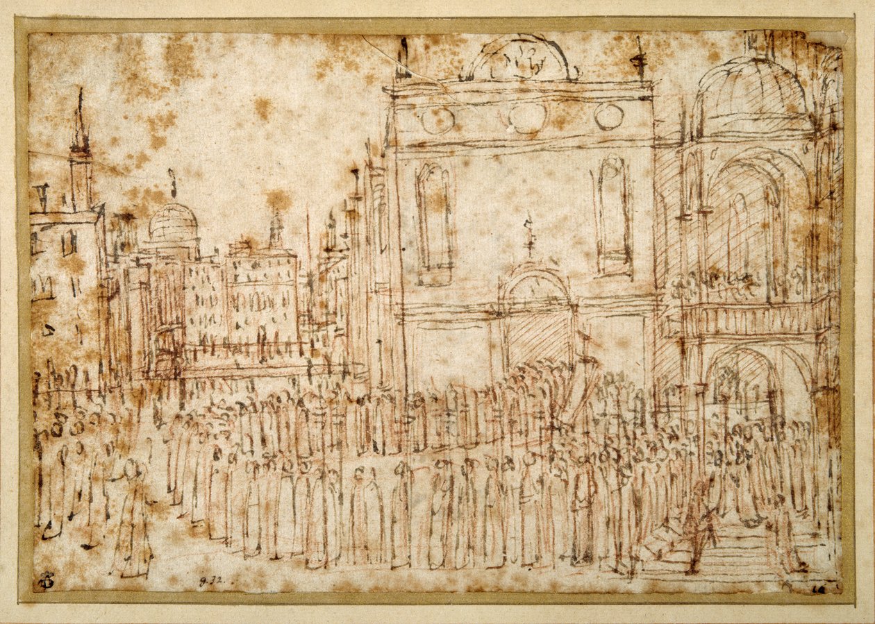 En venetiansk prosesjon som beveger seg fra en scuola til en flankerende kirke (penn og blekk over kritt på papir) av Gentile Bellini