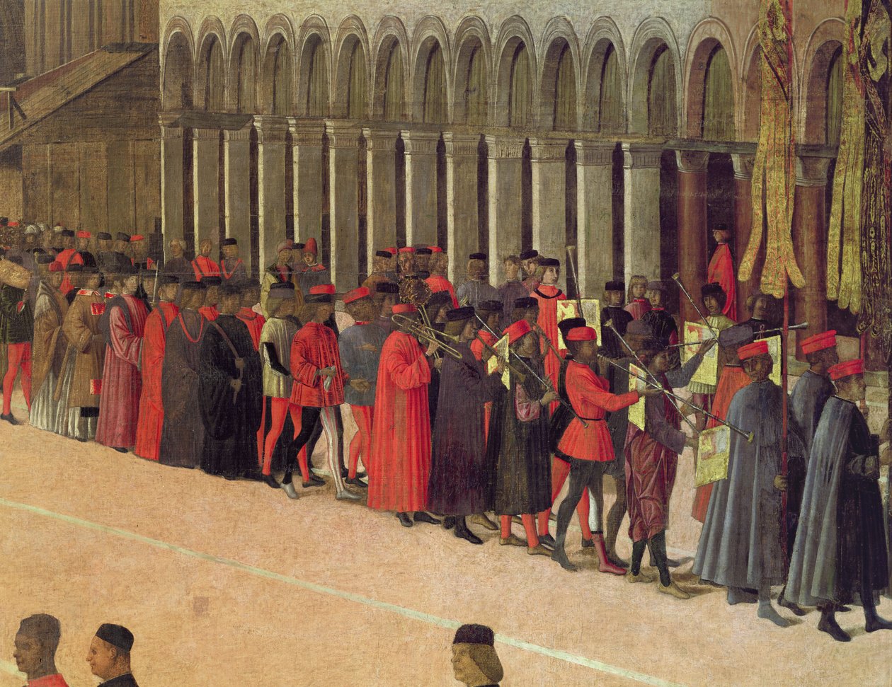 Prosesjon på Markusplassen, detalj av musikere, 1496 olje på lerret detalj av 59423 av Gentile Bellini