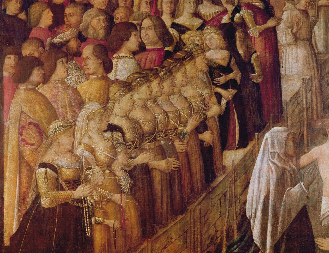 The Miracle of the Cross at the Bridge of Saint Lorenzo, detalj av en gruppe av Catherine Cornaros damer i vente og en del av mengden, 1500 (tempera på lerret) av Gentile Bellini