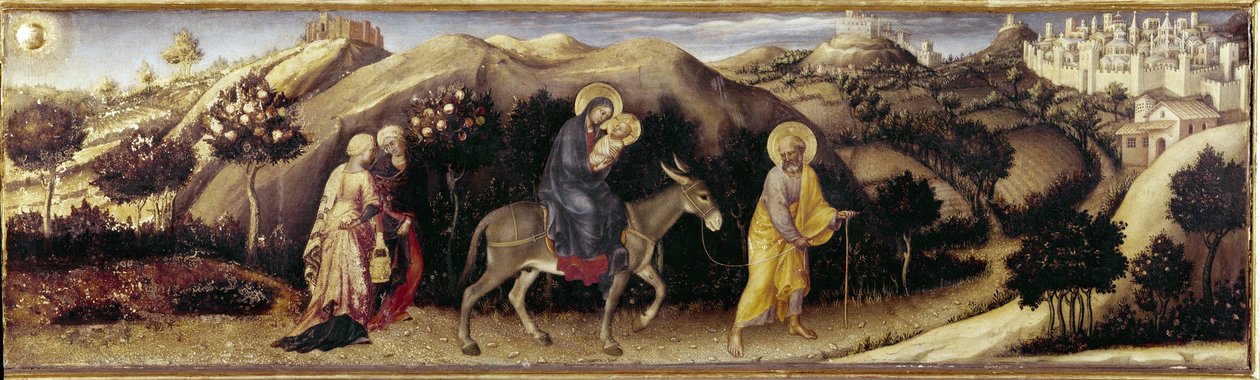 Altarpiece of Adoration of the Magi: Flight to Egypt - sentralpanel (olje på panel av Gentile da Fabriano