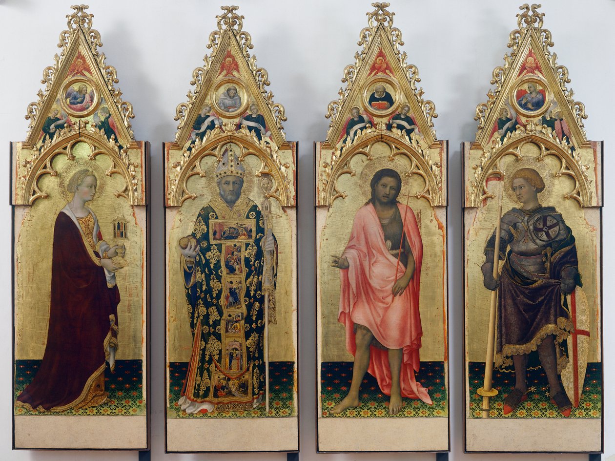 Fire helgener av Quaratesi Polyptych, Saint Mary Magdalene, Saint Nicholas of Bari, Saint John the Baptist og Saint George av Gentile da Fabriano