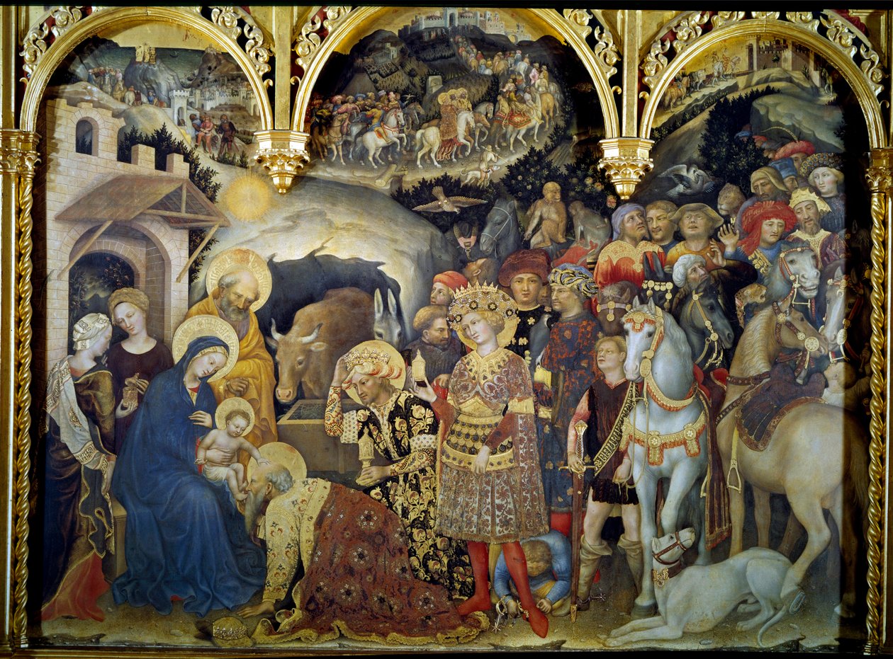 Tilbedelsen av Detrempe Magi på tre av Gentile da Fabriano (1370-1427) 1423. Søn. 3x2,8 m Firenze, Uffizi-galleriet. av Gentile da Fabriano