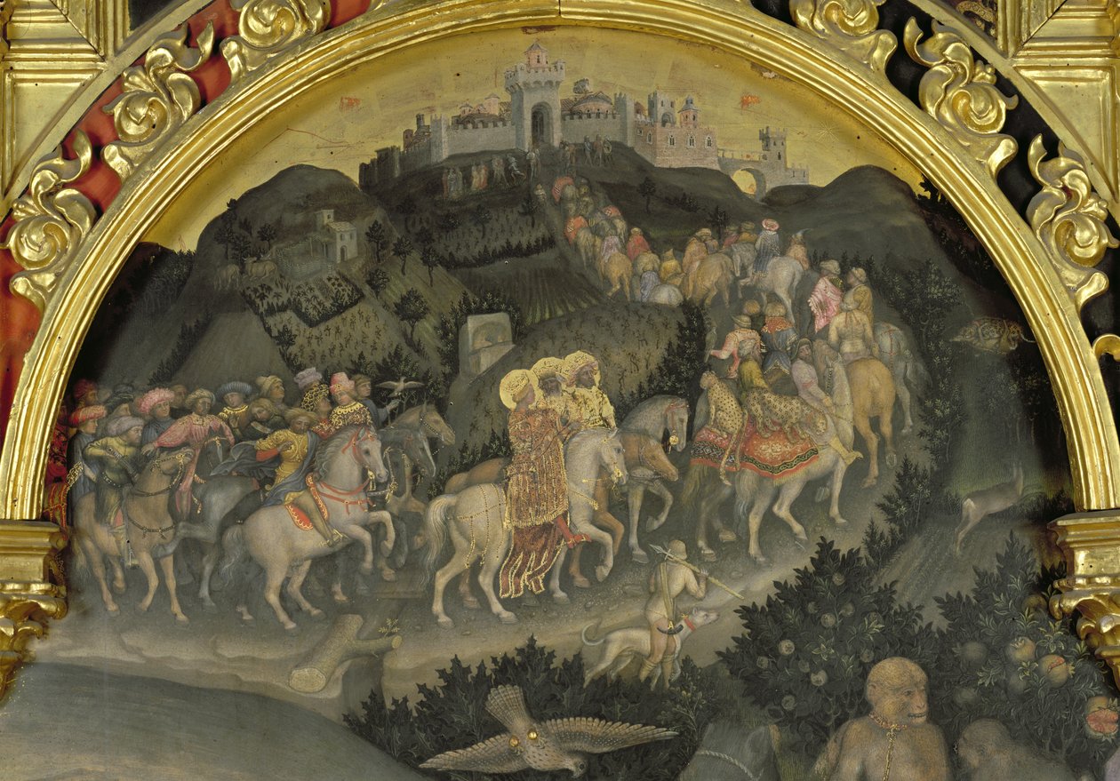 The Adoration of the Magi detalj av reisen til Jerusalem, 1423 tempera på paneldetalj av 29414 av Gentile da Fabriano