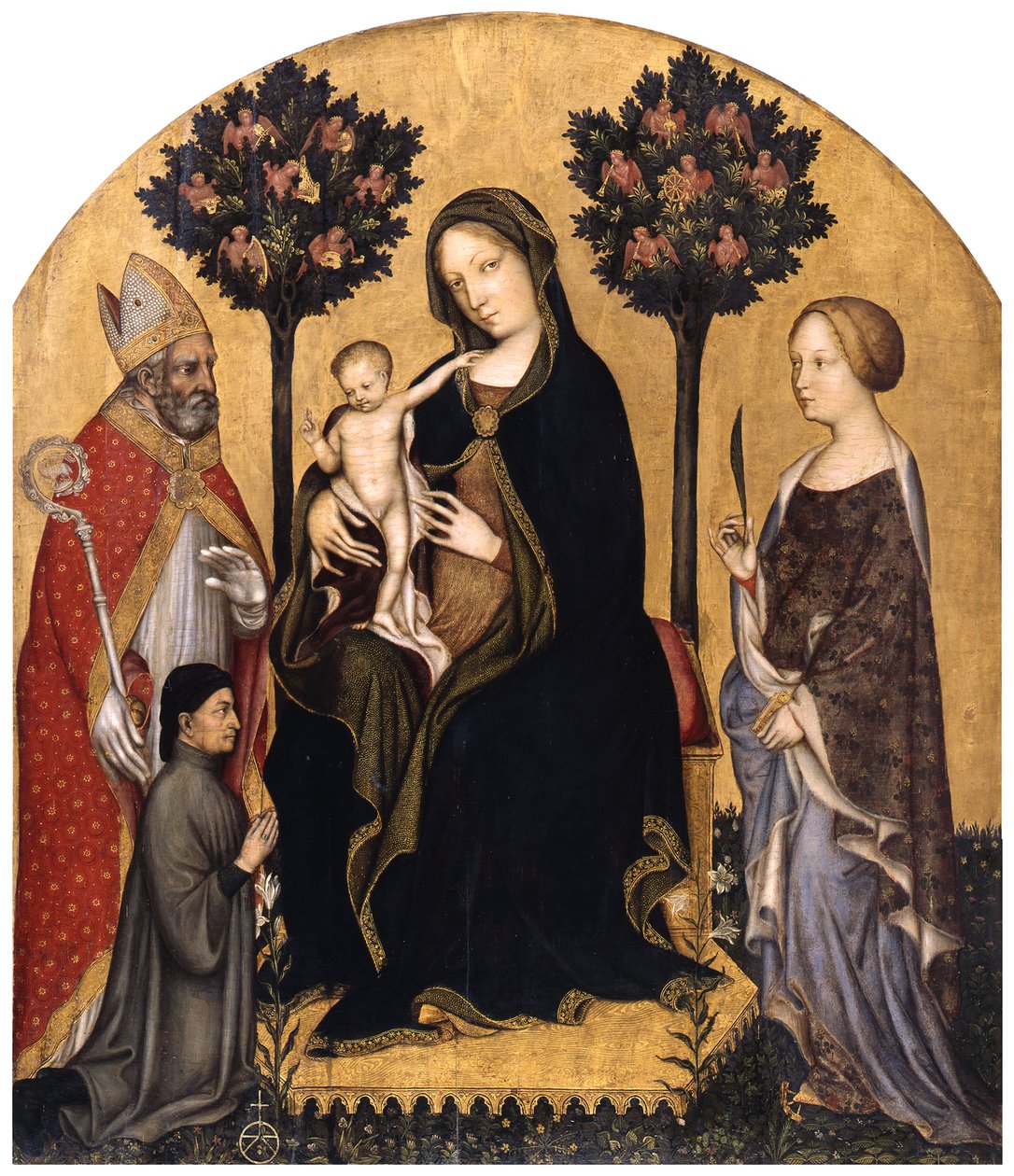 Tronende Maria med barnet, den hellige Nikolas av Bari, den hellige Katarina av Alexandria og en giver av Gentile da Fabriano