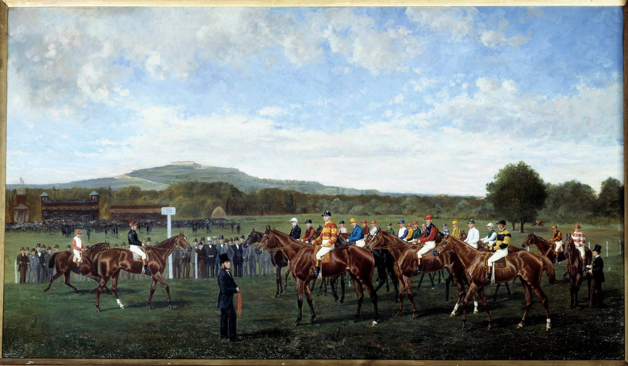 Avreise i Longchamp gitt av Baron Foy i 1877 Sette opp hester ved starten av et løp på veddeløpsbanen. Maleri av Geo Arnull (1800-tallet) 1877. Paris, Societe-oppmuntring av Geo Arnull