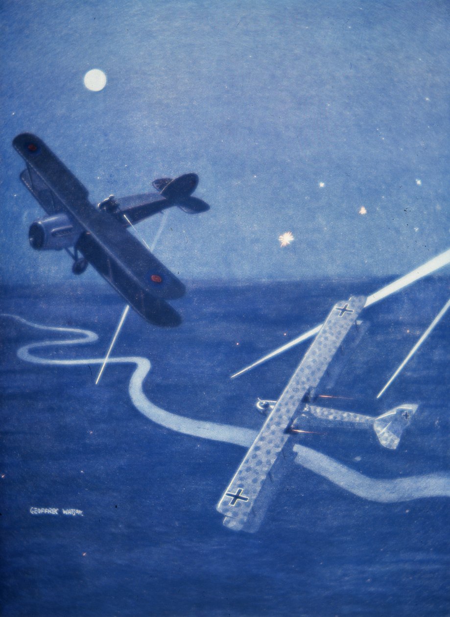 Bristol jagerfly angriper tysk Gotha bombefly over London om natten (farge litho) av Geoffrey Watson