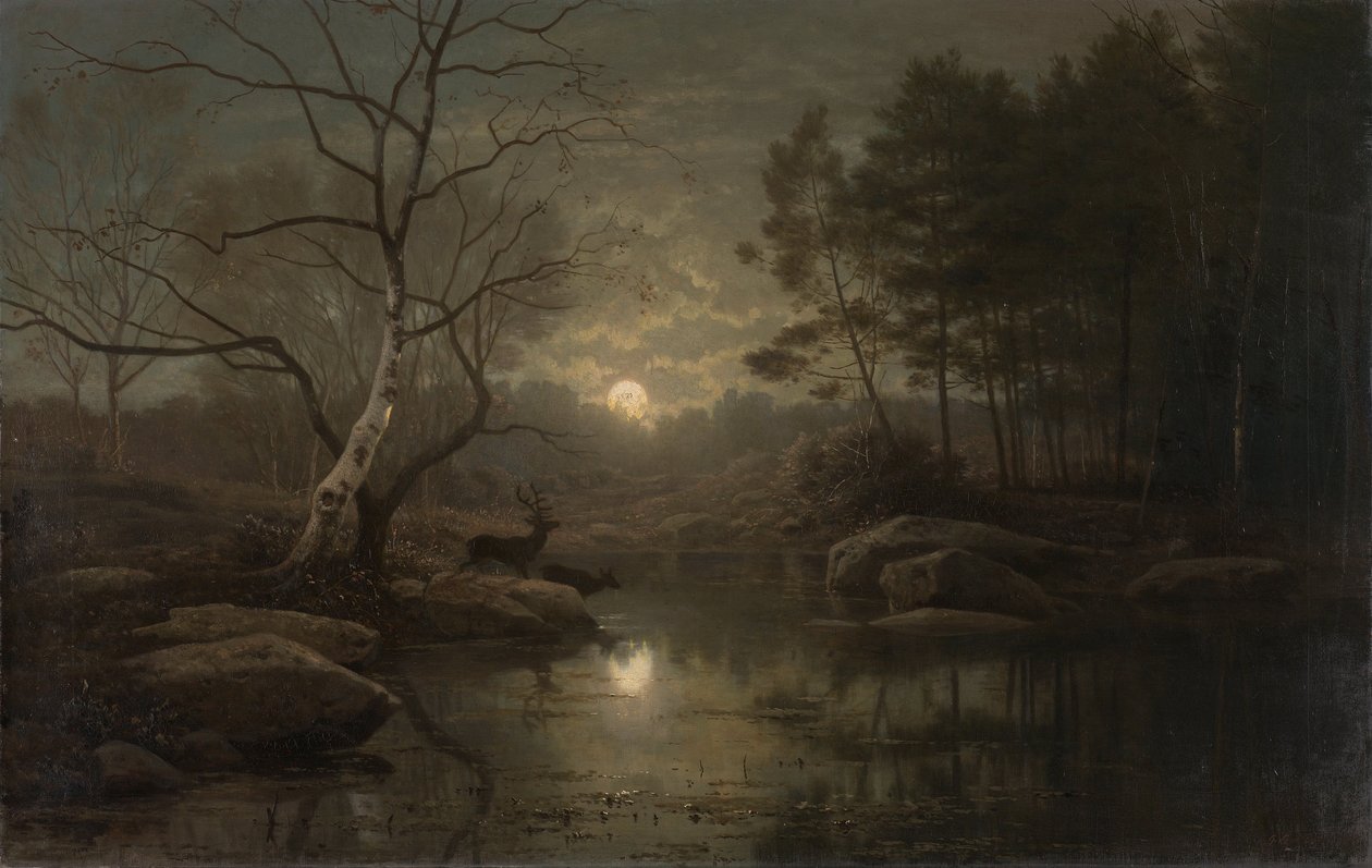 Skoglandskap ved måneskinn. olje på lerret medium QS av Georg Eduard Otto Saal