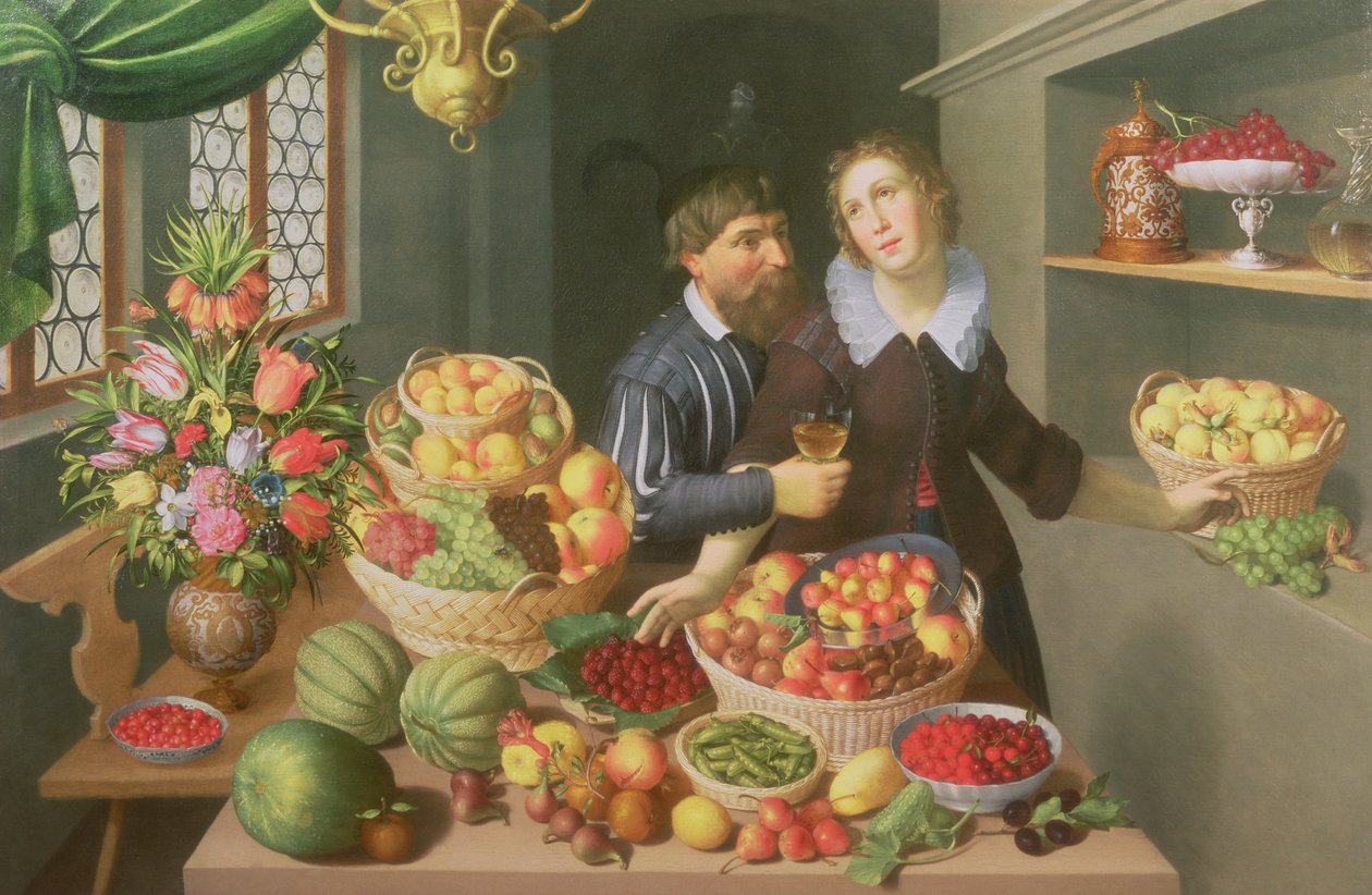 Mann og kvinne foran et bord dekket med frukt og grønnsaker av Georg Flegel