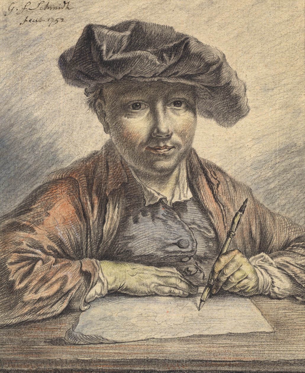 Self-Portrait Sketching, 1752 (svart og rødt kritt med akvarell, pastell, penn og svart blekk) av Georg Friedrich Schmidt