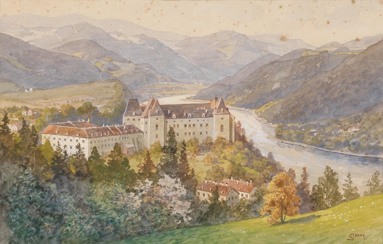 Utsikt over Grein slott til Donau av Georg Janny