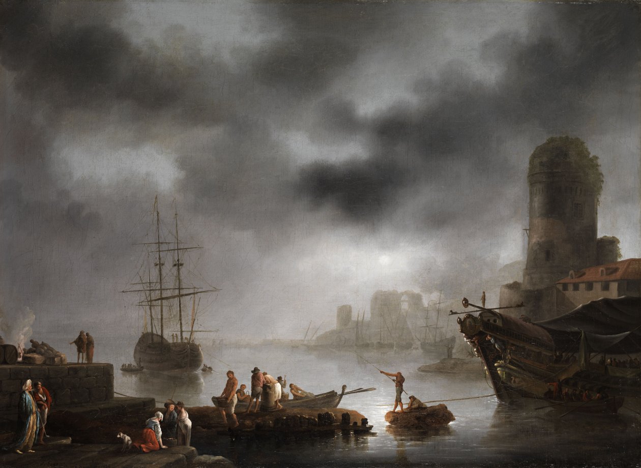 Havnelandskap ved måneskinn av Georg Ludwig Eckhardt