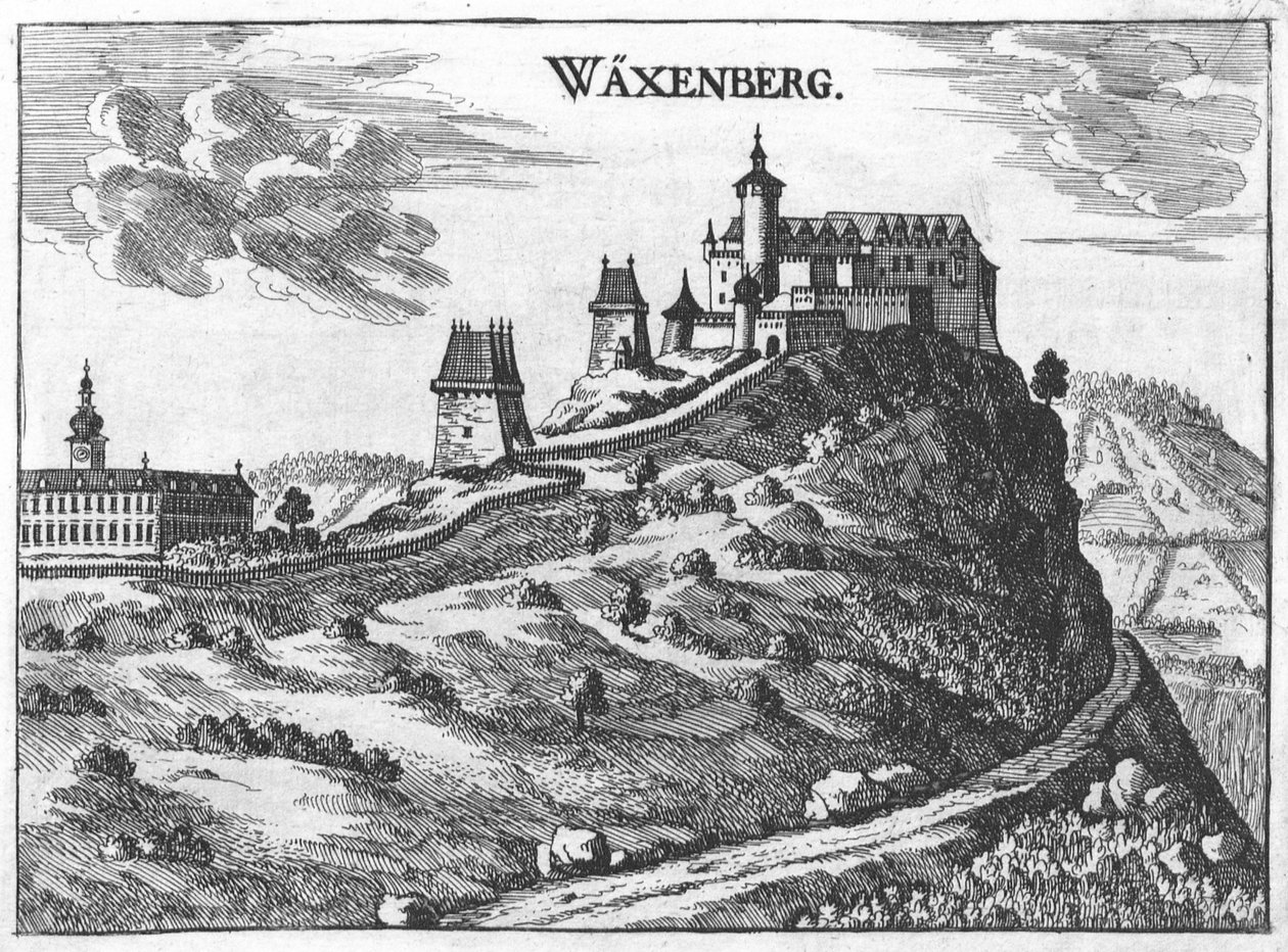 Castle Waxenberg i Øvre Østerrike, tegning fra M. Vischer 1674 av Georg Matthaus Vischer