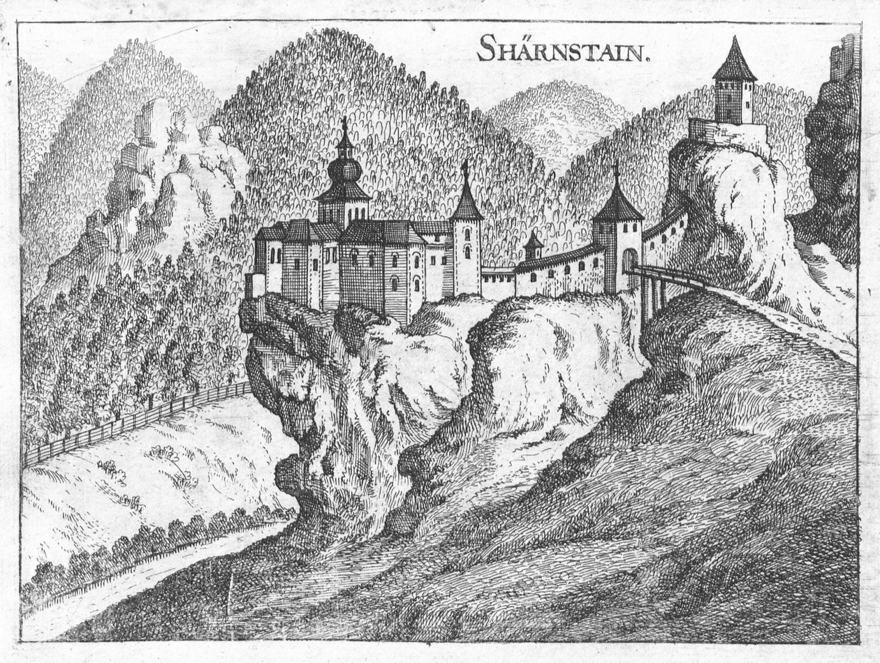 Gravering, utsikt over Scharnstein -slottet, Øvre Østerrike av Georg Matthaus Vischer