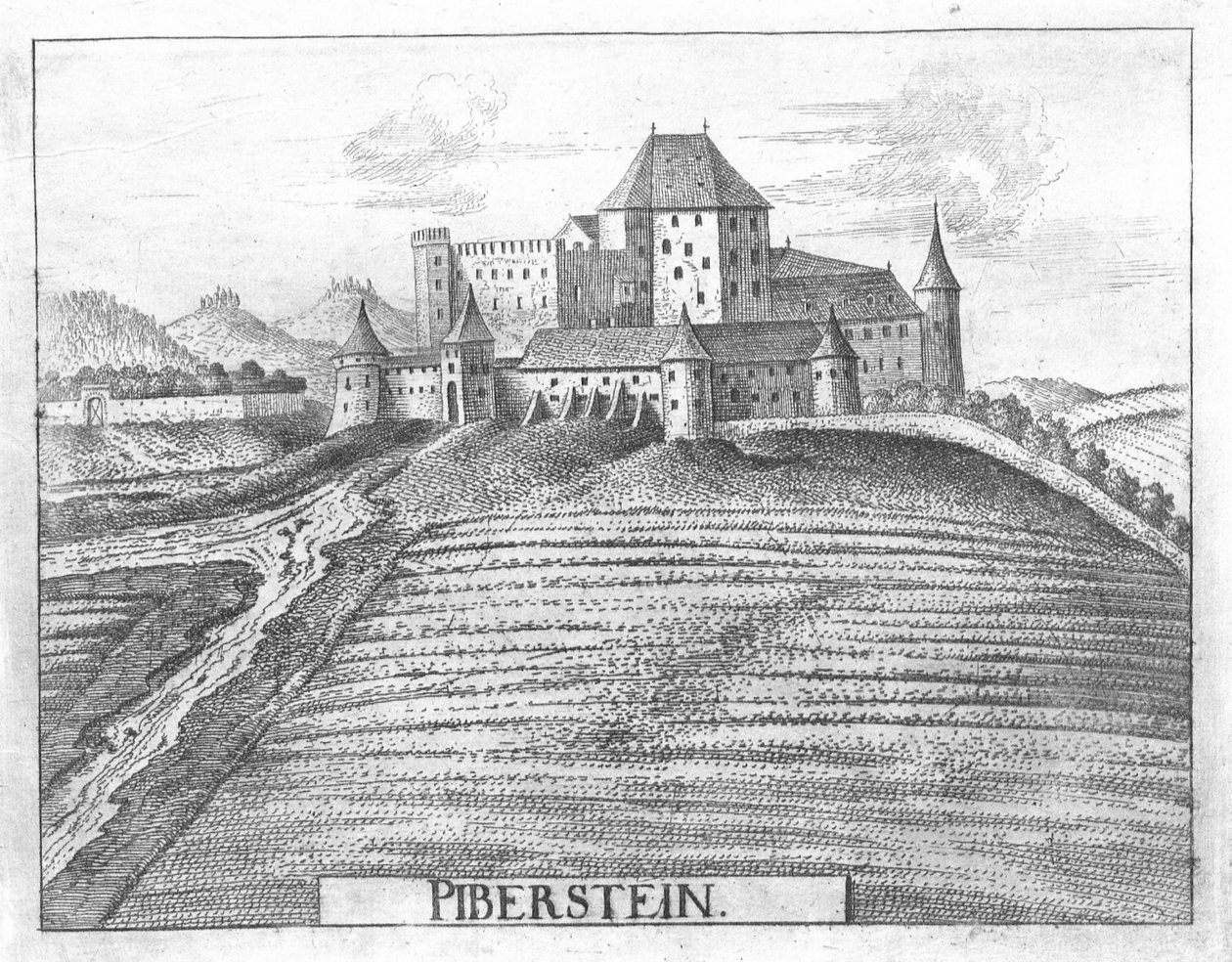 Kobberstikk, utsikt over Piberstein slott, Øvre Østerrike av Georg Matthaus Vischer