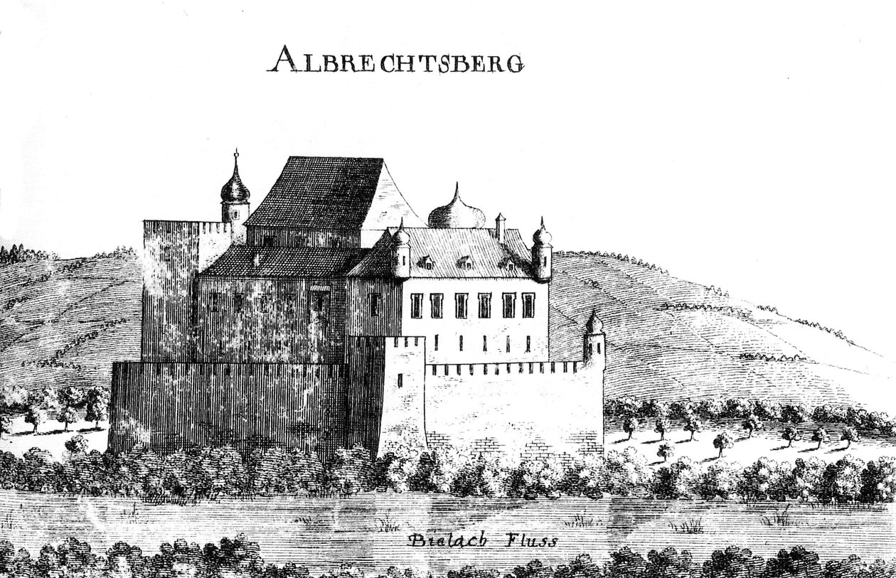 Vischer -gravering av Albrechtsberg slott rundt 1672 av Georg Matthaus Vischer
