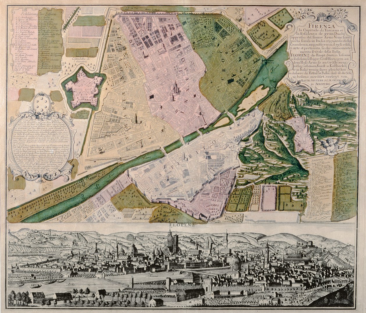 Kart over Firenze med perspektivutsikt, 1750 av Georg Matthäus Seutter
