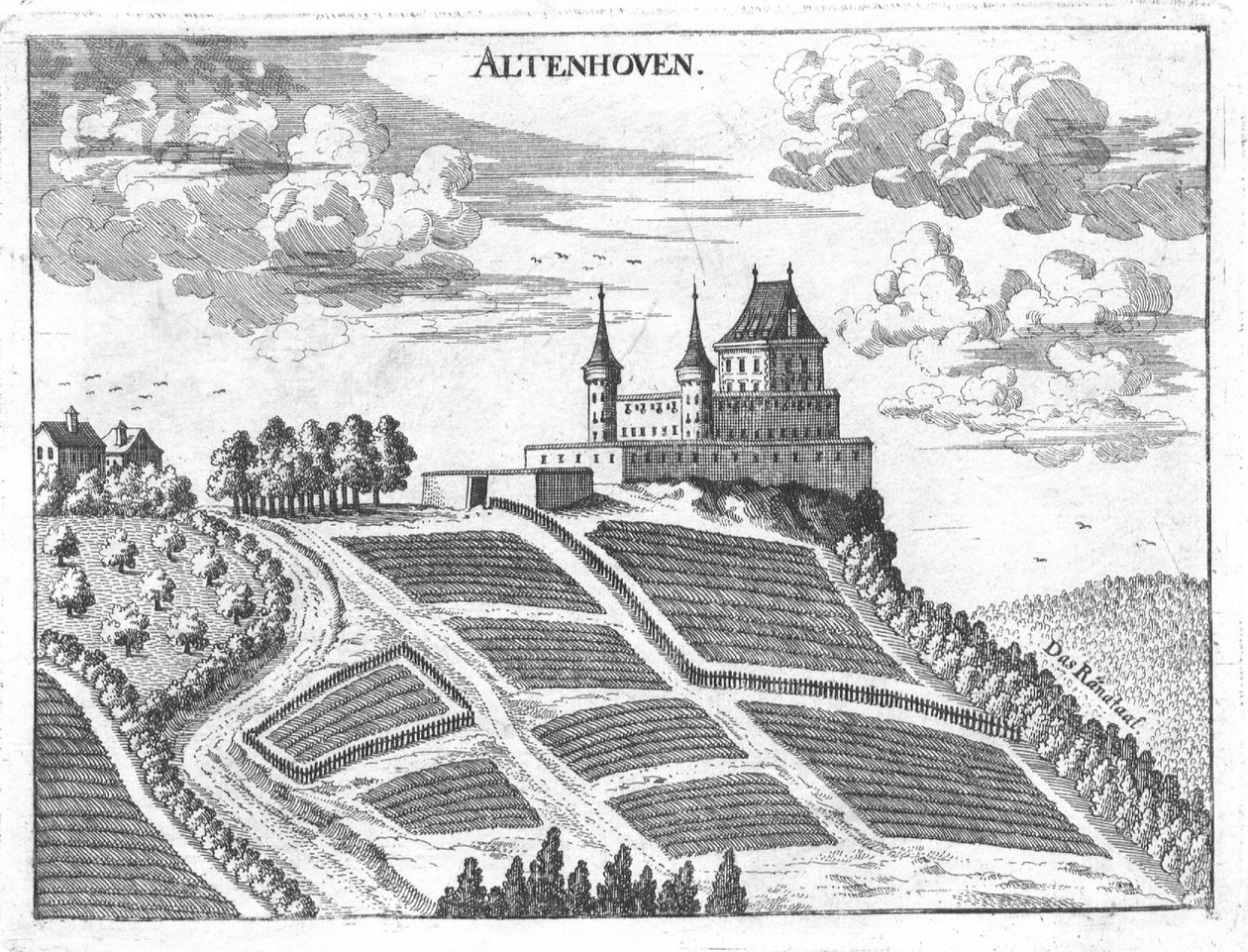 Gravering, utsikt over Altenhof slott, Øvre Østerrike av Georg Matthaus Vischer