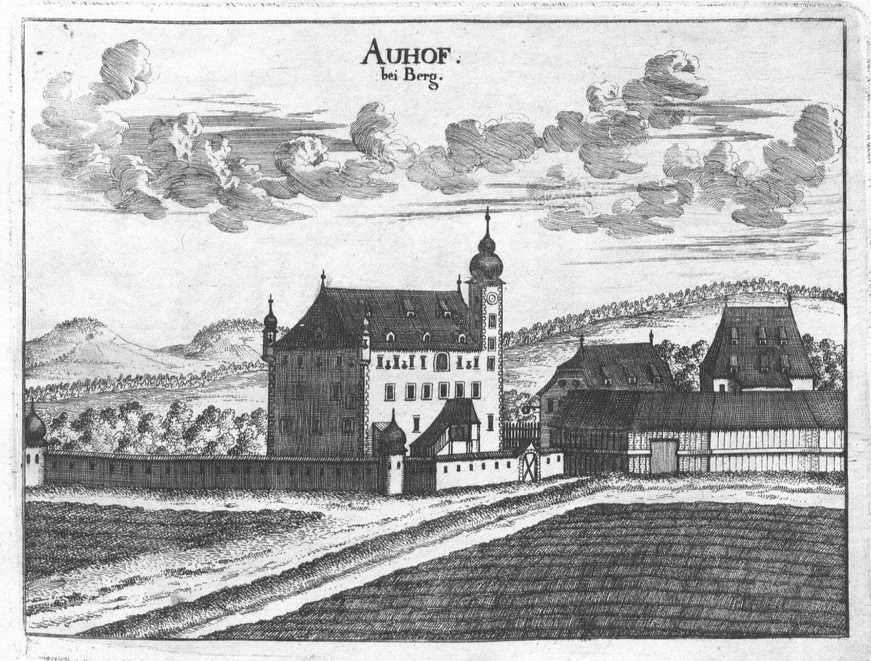 Gravering, utsikt over slottet Auhof, Øvre Østerrike av Georg Matthaus Vischer