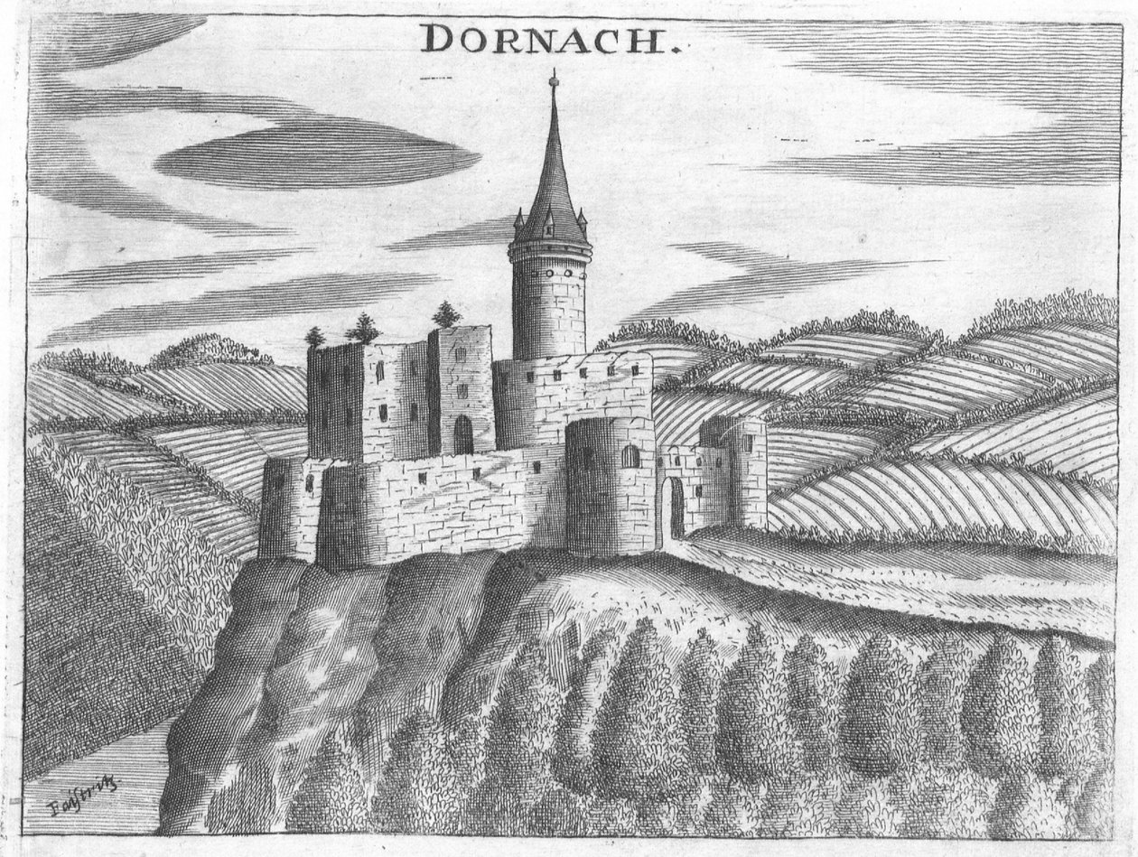 Gravering, utsikt over Dornach slott, Øvre Østerrike av Georg Matthaus Vischer