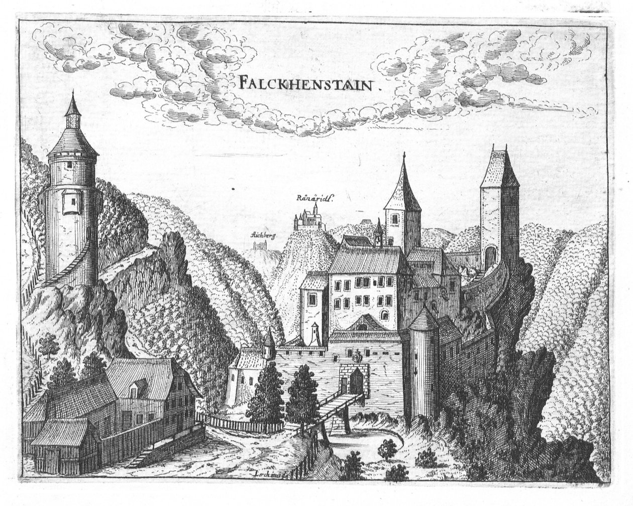 Gravering, utsikt over Falkenstein slott, Øvre Østerrike av Georg Matthaus Vischer