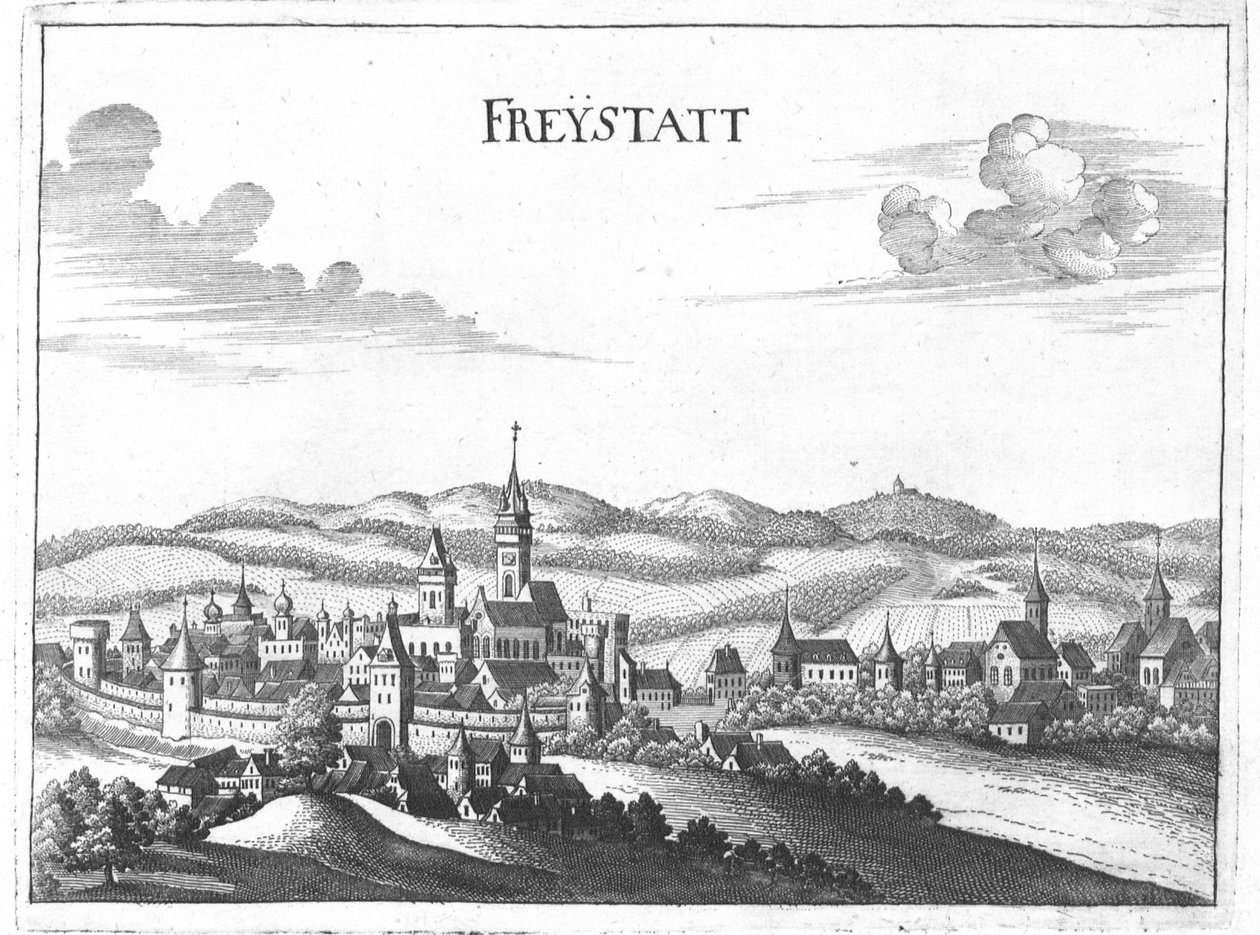 Gravering, utsikt over Freistadt, Øvre Østerrike av Georg Matthaus Vischer