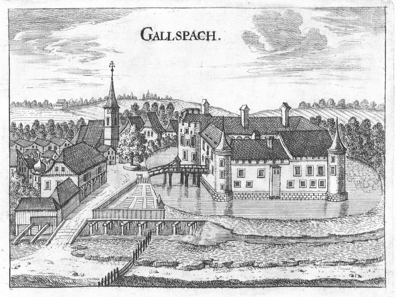 Gravering, utsikt over Gallspach slott, Øvre Østerrike av Georg Matthaus Vischer