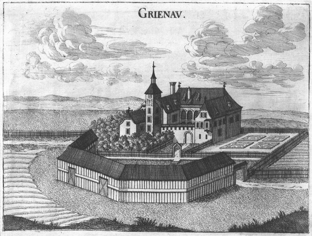 Gravering, utsikt over Grünau slott, Øvre Østerrike av Georg Matthaus Vischer