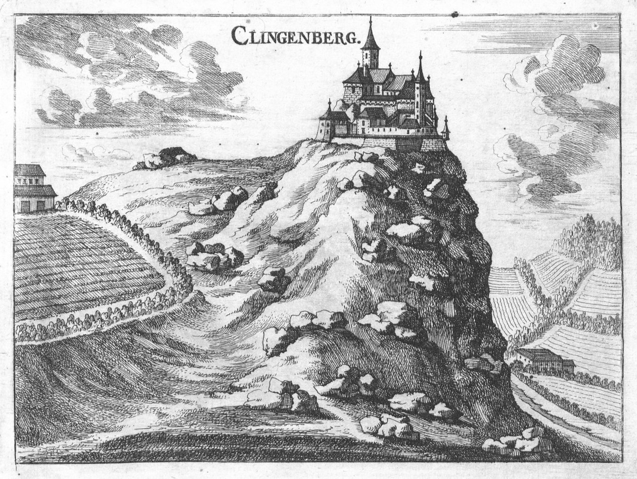 Gravering, utsikt over Klingenberg slott, Øvre Østerrike av Georg Matthaus Vischer