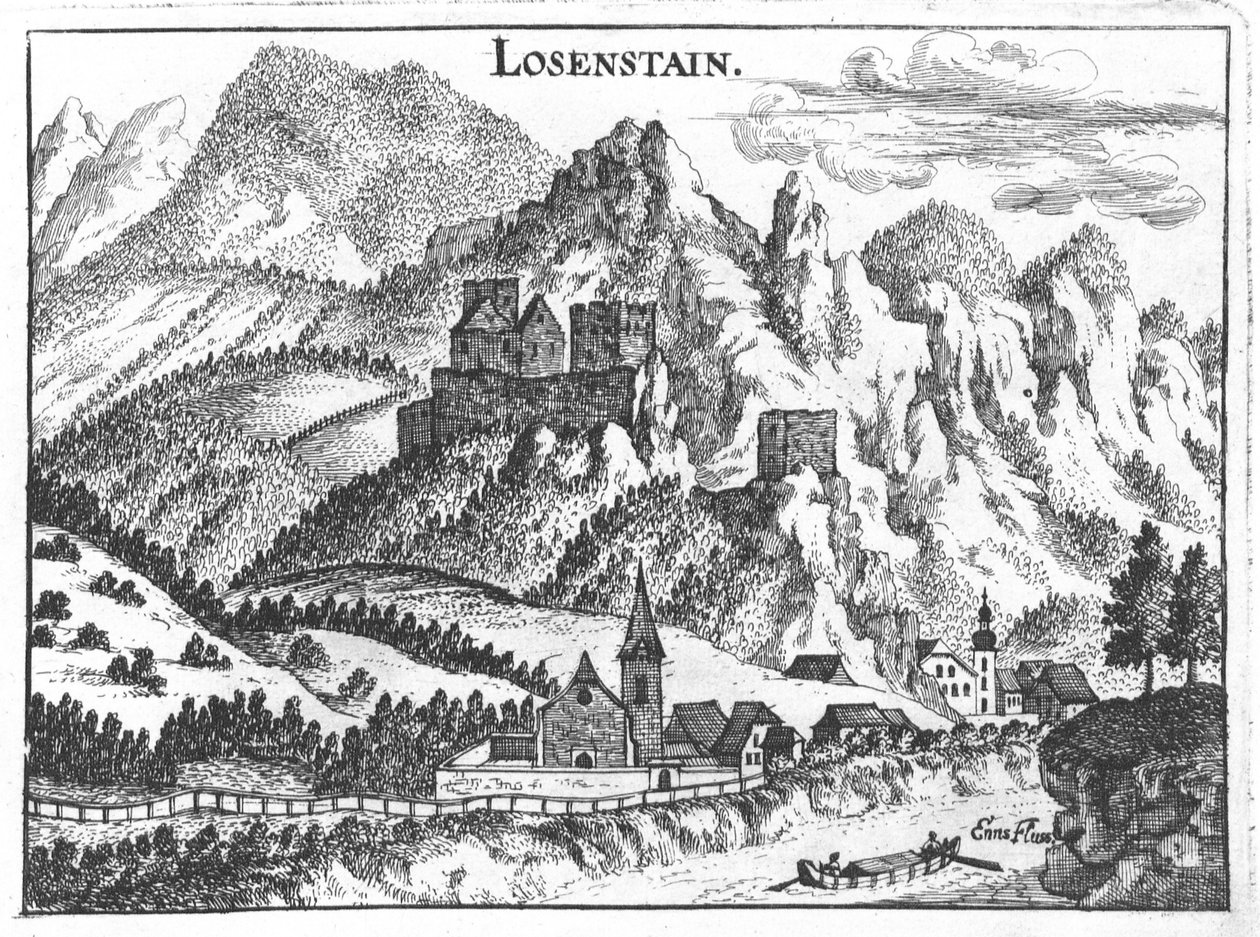 Gravering, utsikt over Losenstein slott, Øvre Østerrike av Georg Matthaus Vischer