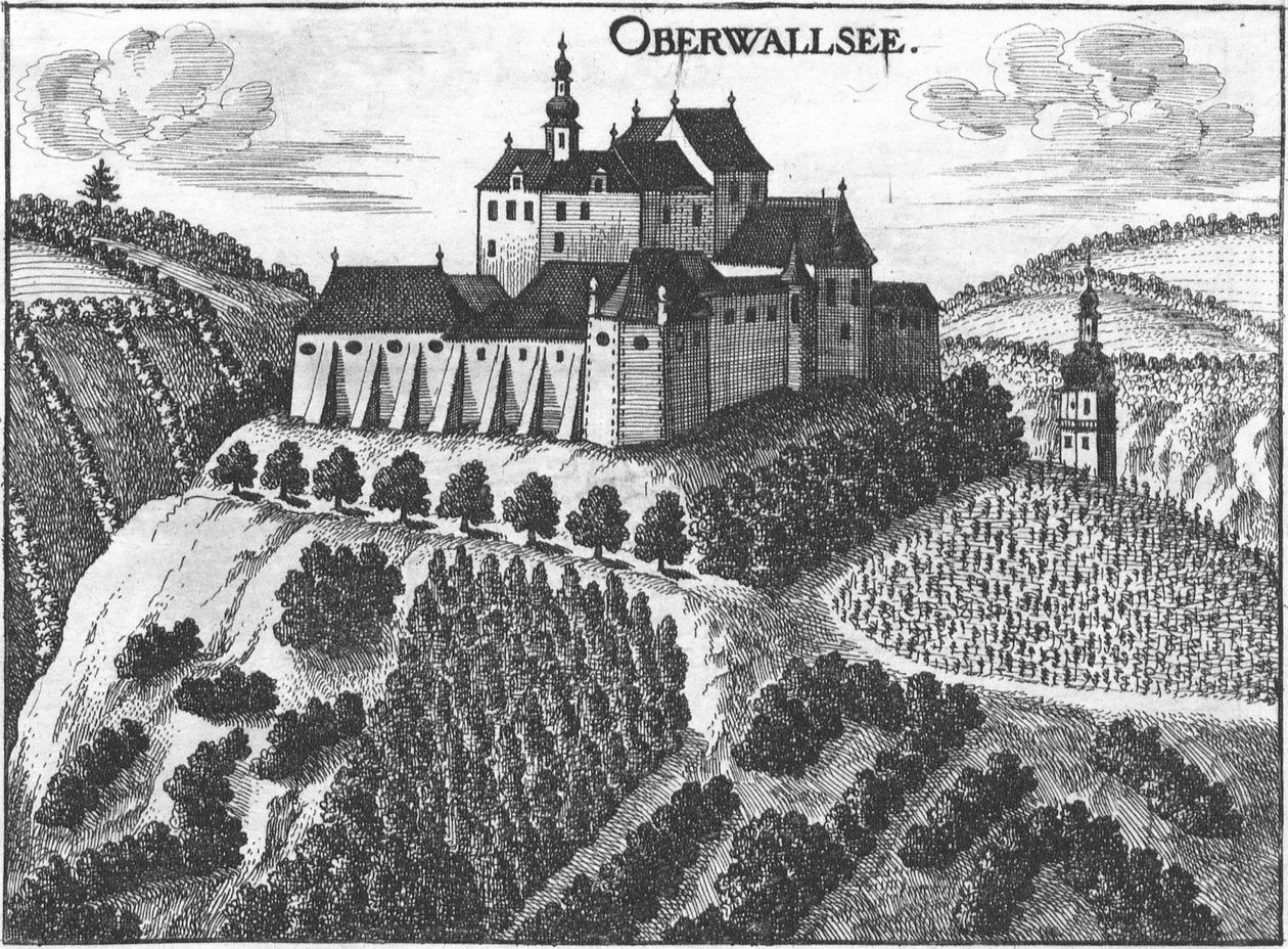 Gravering, utsikt over Oberwallsee -slottet, Øvre Østerrike av Georg Matthäus  Vischer
