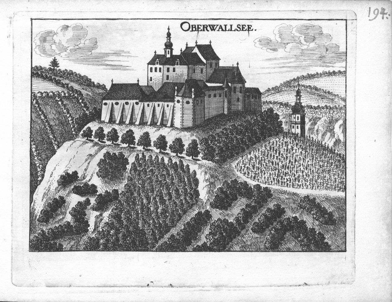 Gravering, utsikt over Oberwallsee -slottet, Øvre Østerrike av Georg Matthaus Vischer