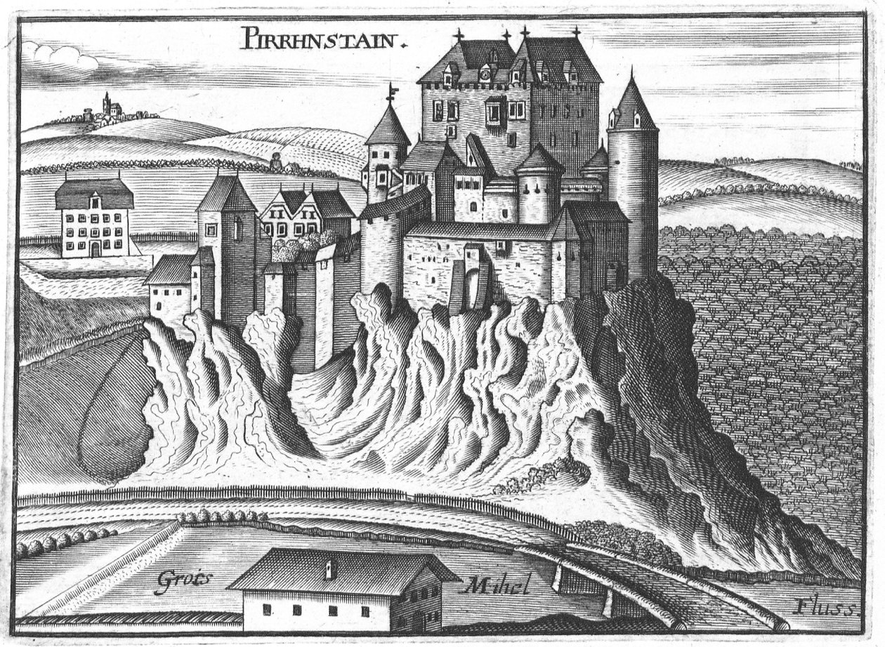 Gravering, utsikt over Pürnstein slott, Øvre Østerrike av Georg Matthaus Vischer